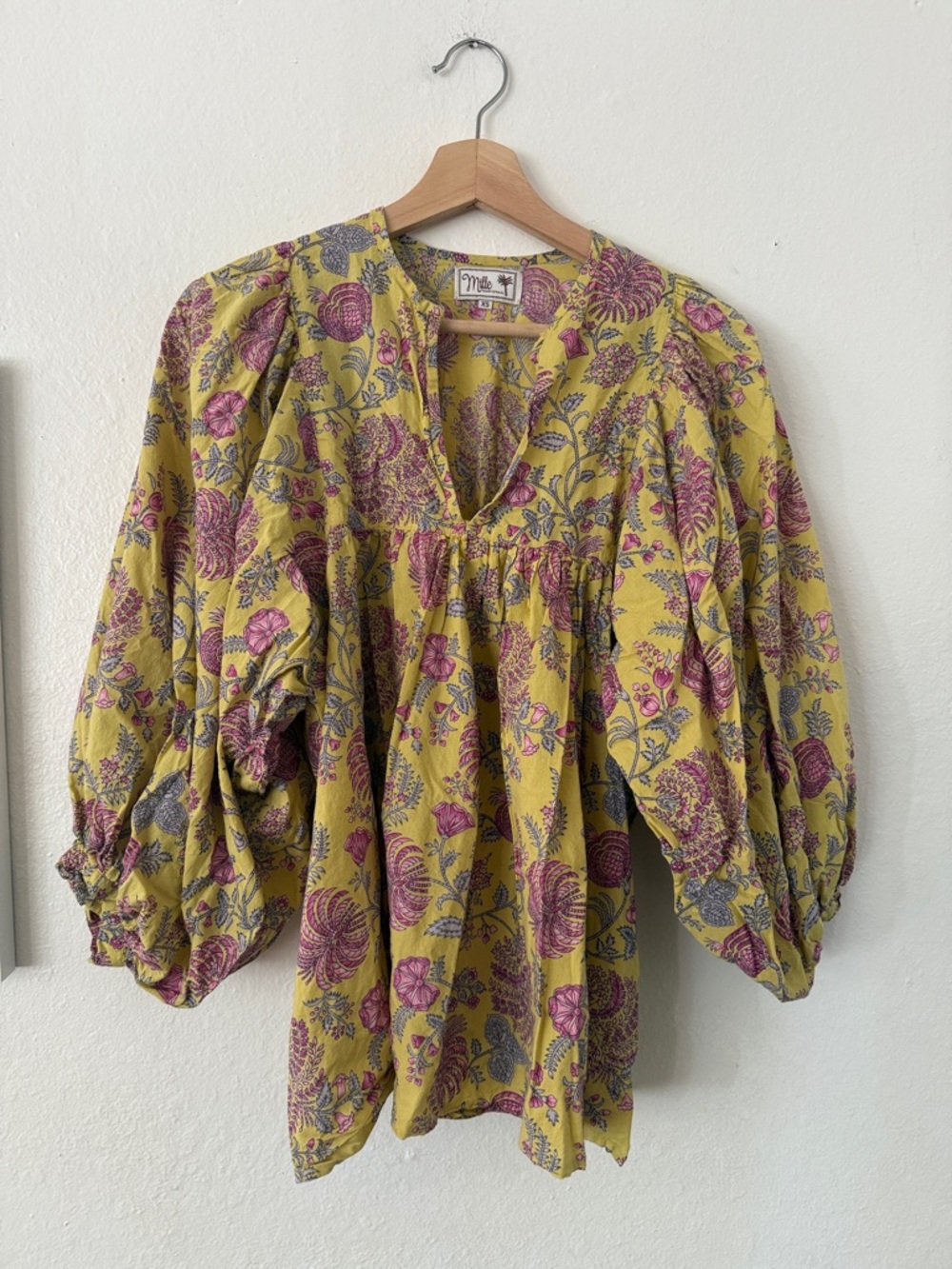 Mille Resort & Travel Mustard Yellow Floral Puff-Sleeve Tunic Sz XS